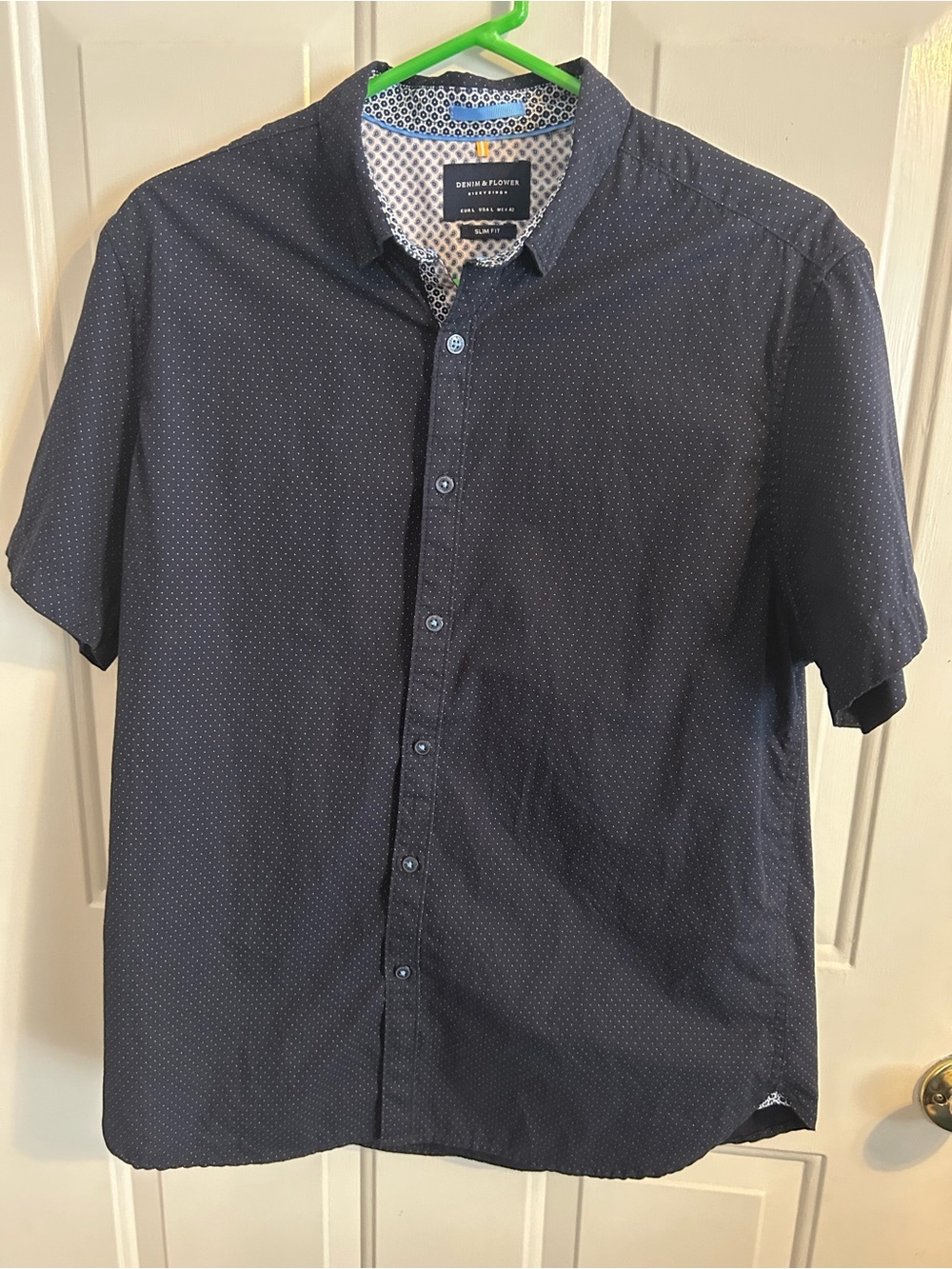 Denim & Flower Navy Short-Sleeve Large Dot-Print Button Shirt